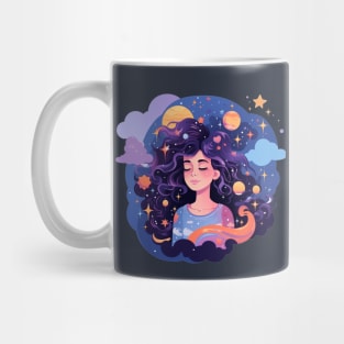 Woman with sweet dreams concept Young girl with galaxy and universe at hairs Mug